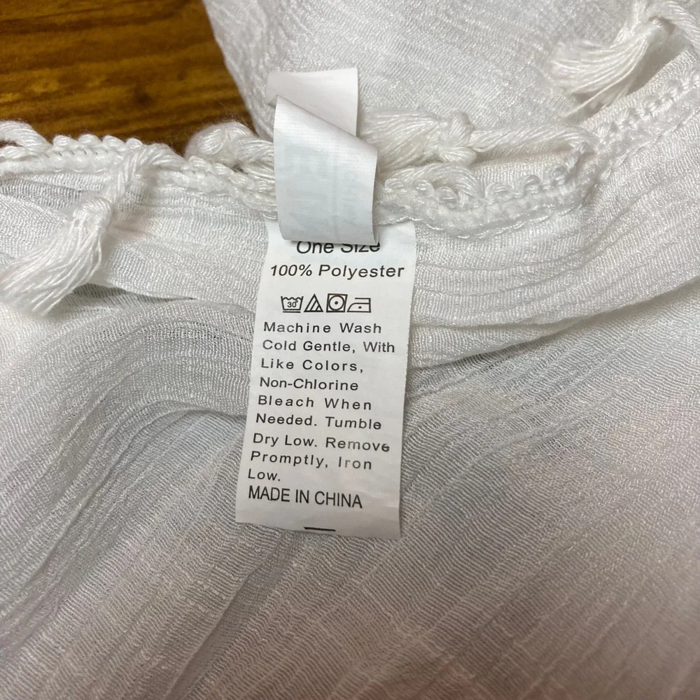 Sheer Boho Scarf Sarong White Crinkle‎ Gauze with Tassel Trim Wrap Beach SHEIN